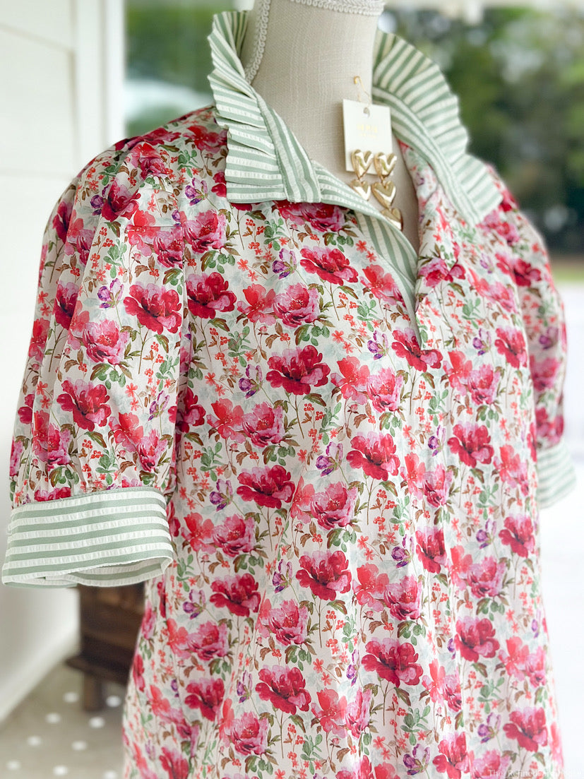 Raspberry Floral with Green Strip Neck Top