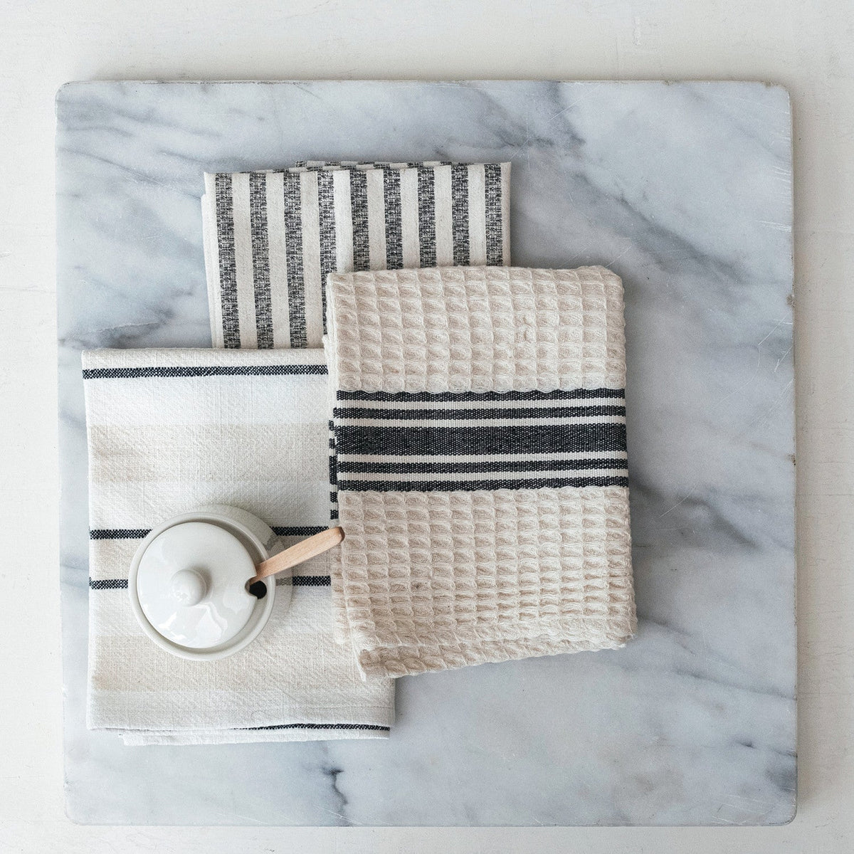 Woven Cotton Waffle Weave/Printed Tea Towel w/ Stripes, 3 Styles