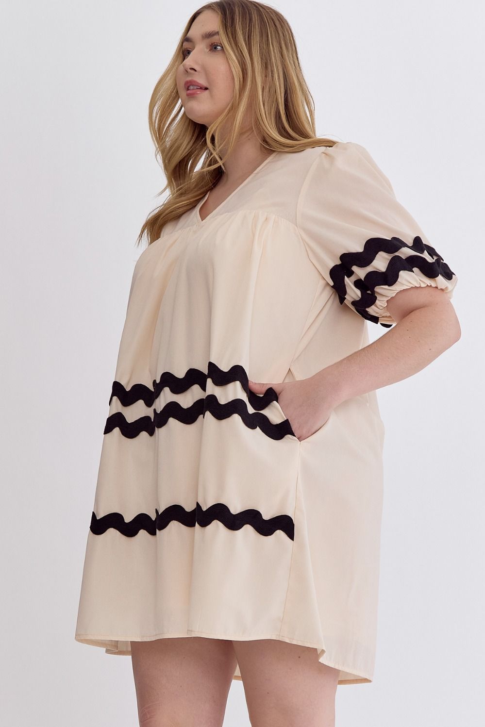 Cream Dress with black rick rack trim-Curvy