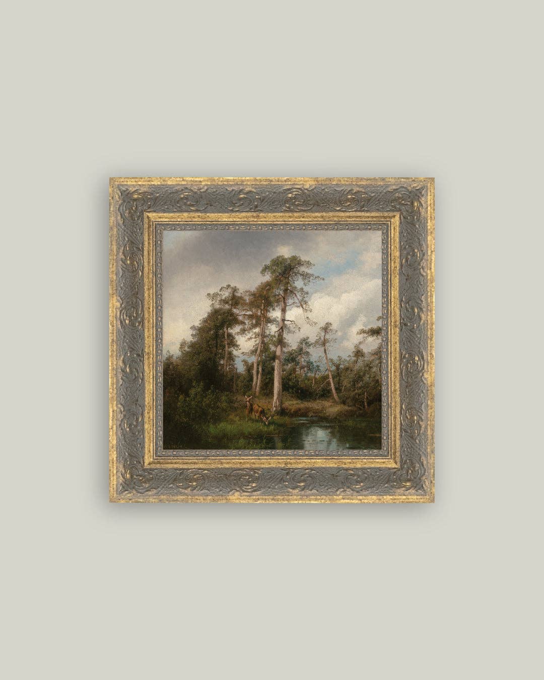 Live Oaks with Deer Framed Antique Art: 6x6