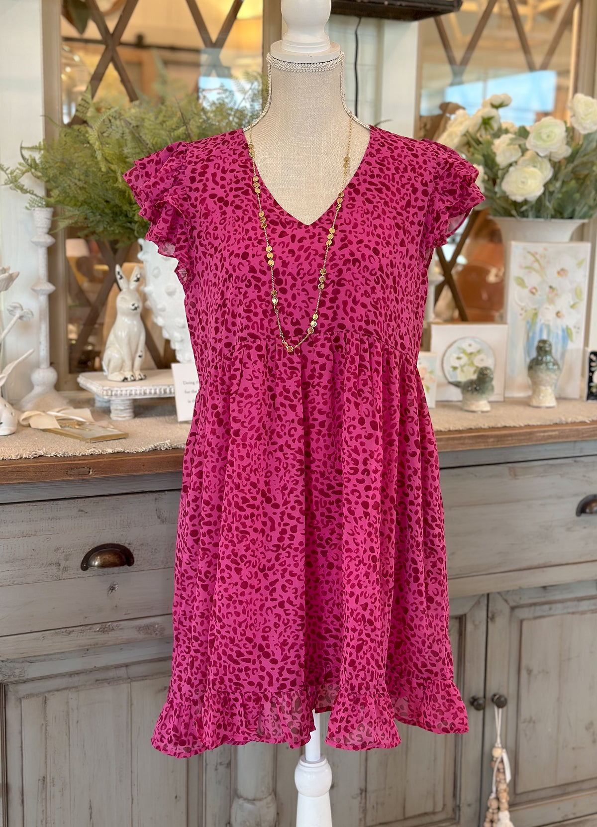 Pink Leopard Ruffled Cap Sleeves Dress