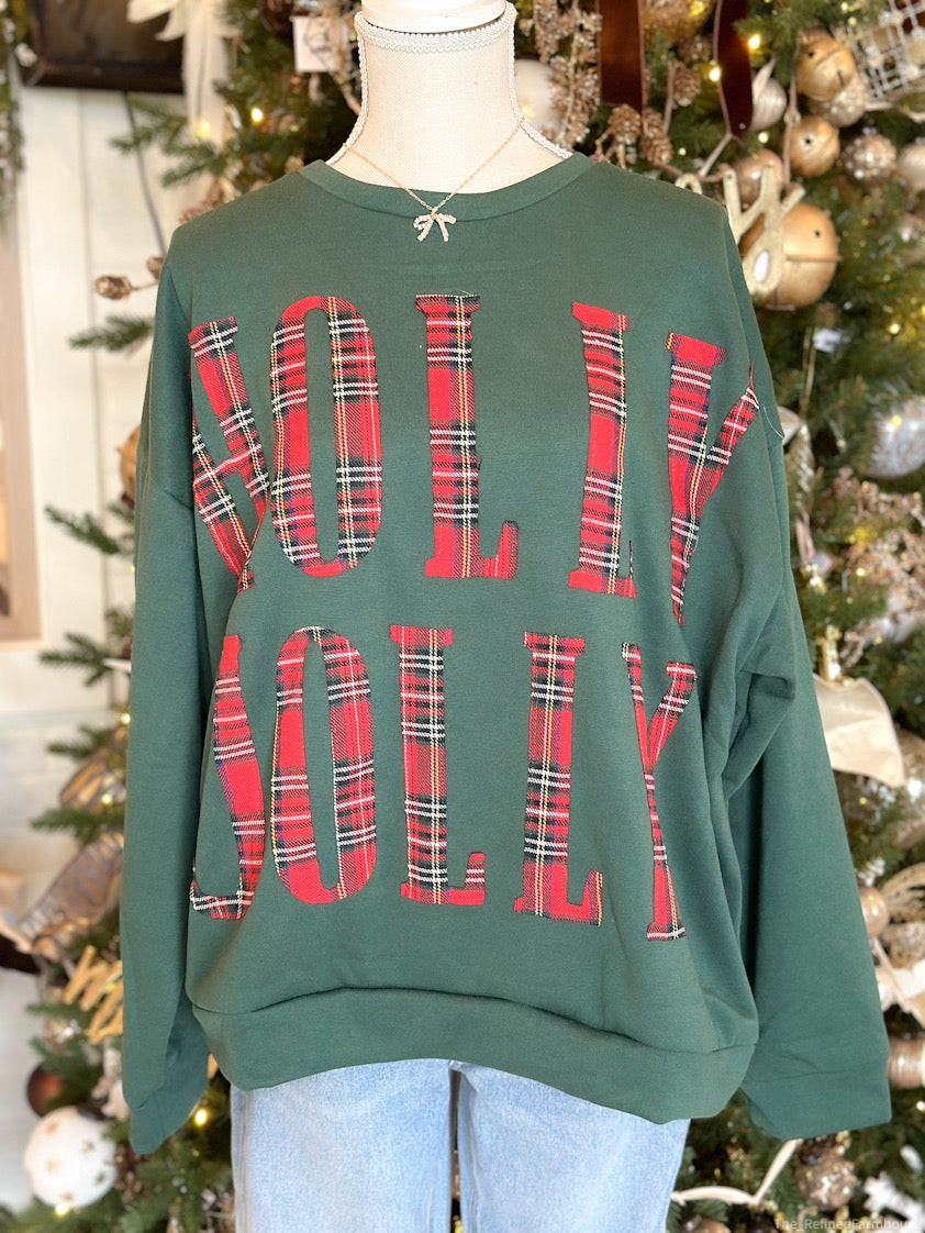Plaid Holly Jolly Lettering Christmas Sweatshirt