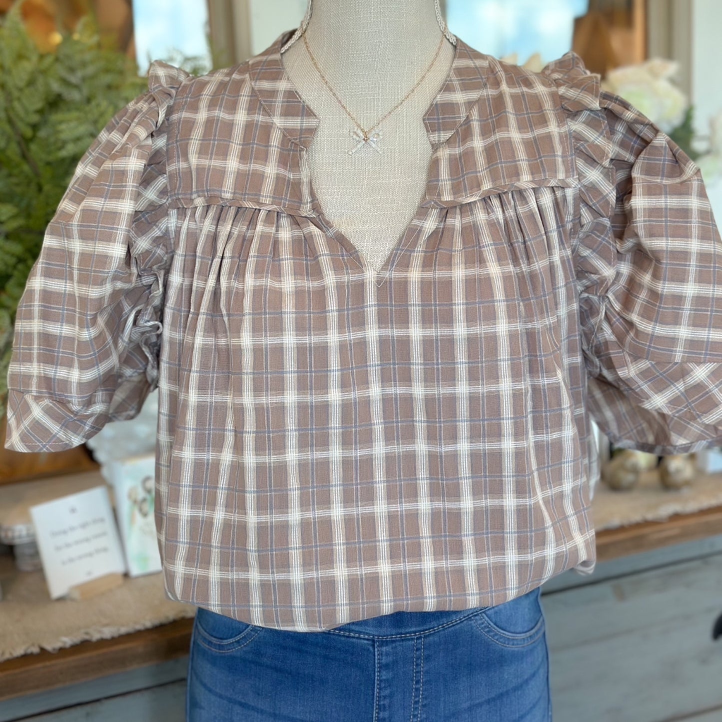 Taupe Plaid V-Neck Short Sleeve Top
