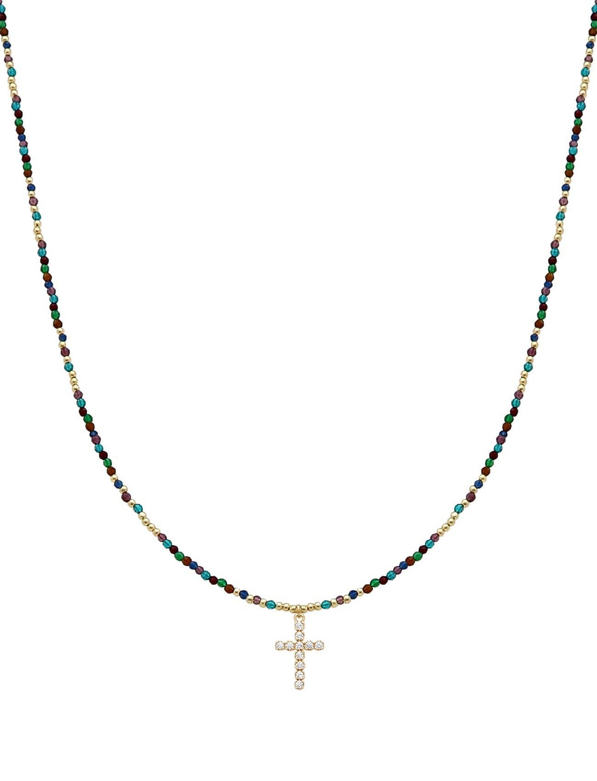 Dark Multi Crystal 16"-18" Necklace with Rhinestone Cross Detail
