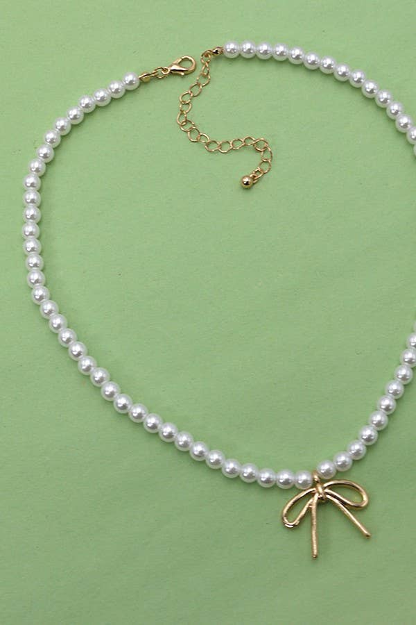 Pearl Chain Bow charm necklace -gold