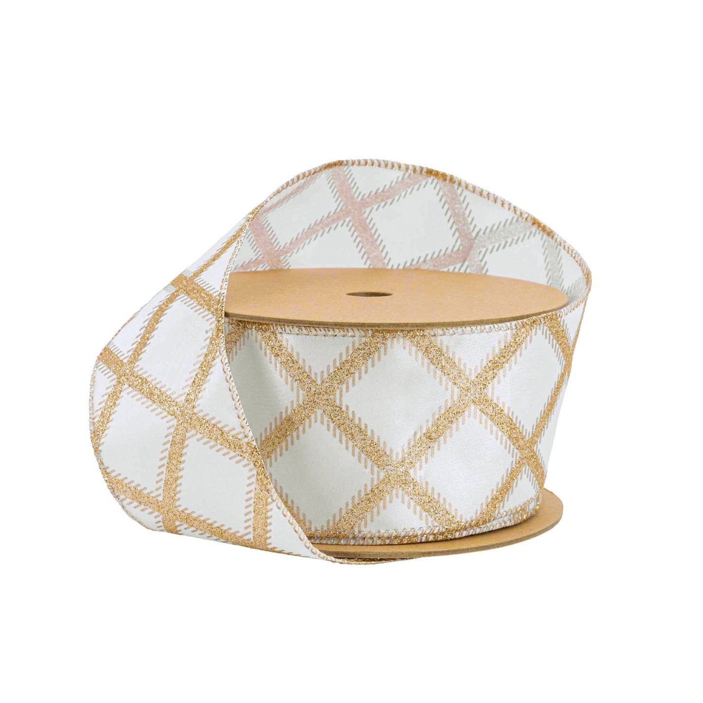 2 1/2" Gold Glitter Diamonds Wired Ribbon on Ivory | 10 Yard Roll