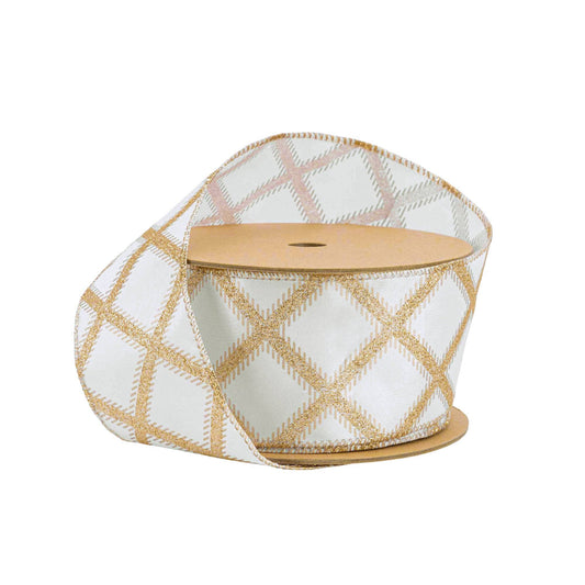 2 1/2" Gold Glitter Diamonds Wired Ribbon on Ivory | 10 Yard Roll