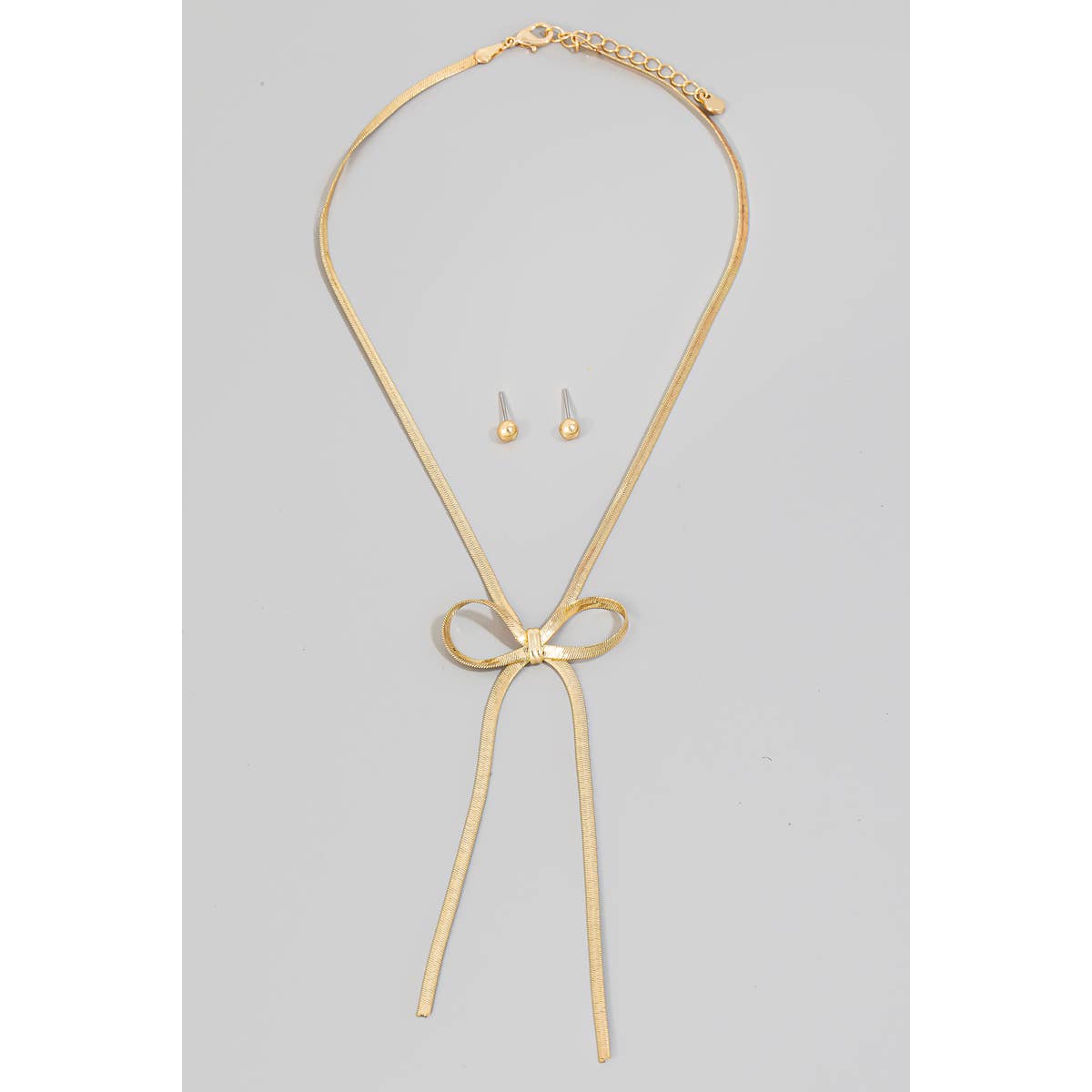 Metallic Flat Chain Ribbon Bow Pendant Necklace Set: GD