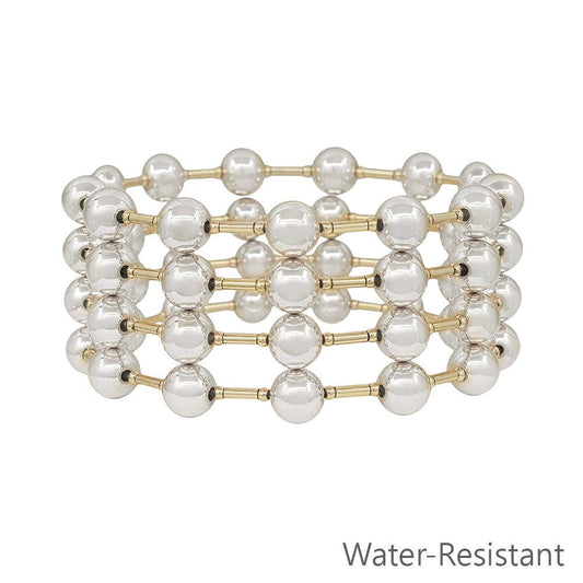 Water Resistant Set of 5 8MM Silver Beaded and Gold Bar Stretch Bracelets