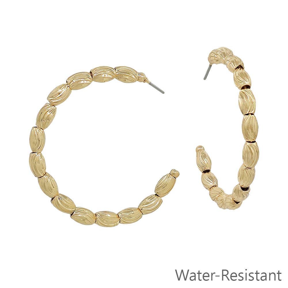 Gold Textured Oval Beaded 1.5" Hoop Earring