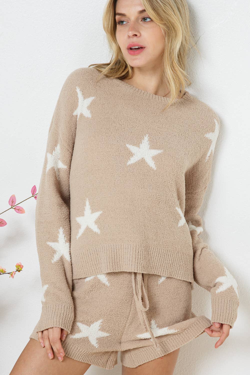 Soft Long Sleeve Star Print Top/Short Set-Large