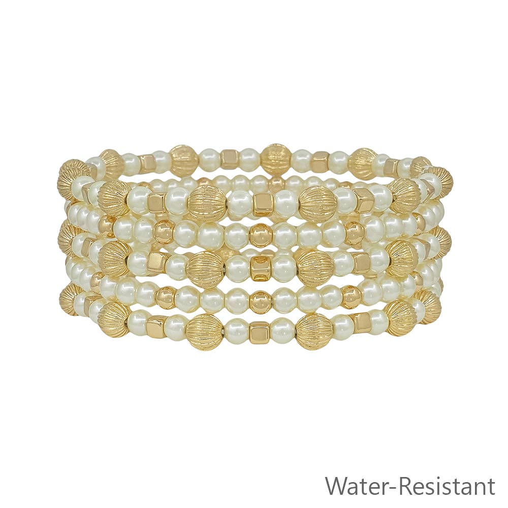 Water Resistant Pearl and Gold Beaded with Cross Set of 5 Stretch Bracelets