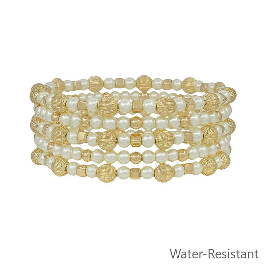 Water Resistant Pearl and Gold Beaded with Cross Set of 5 Stretch Bracelets