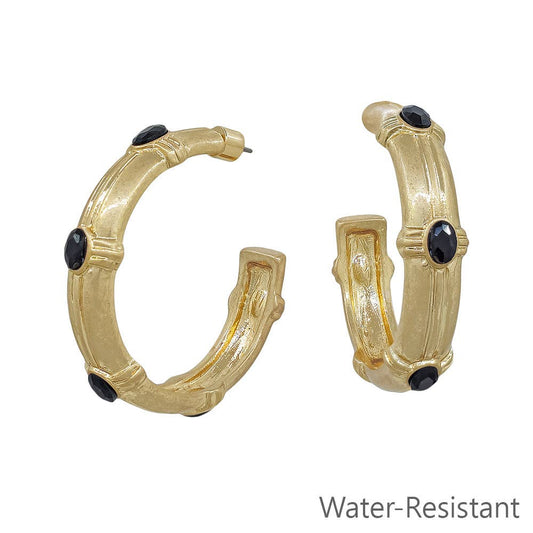 Water Resistant Hammered Hoop with Black Crystal 2" Earring