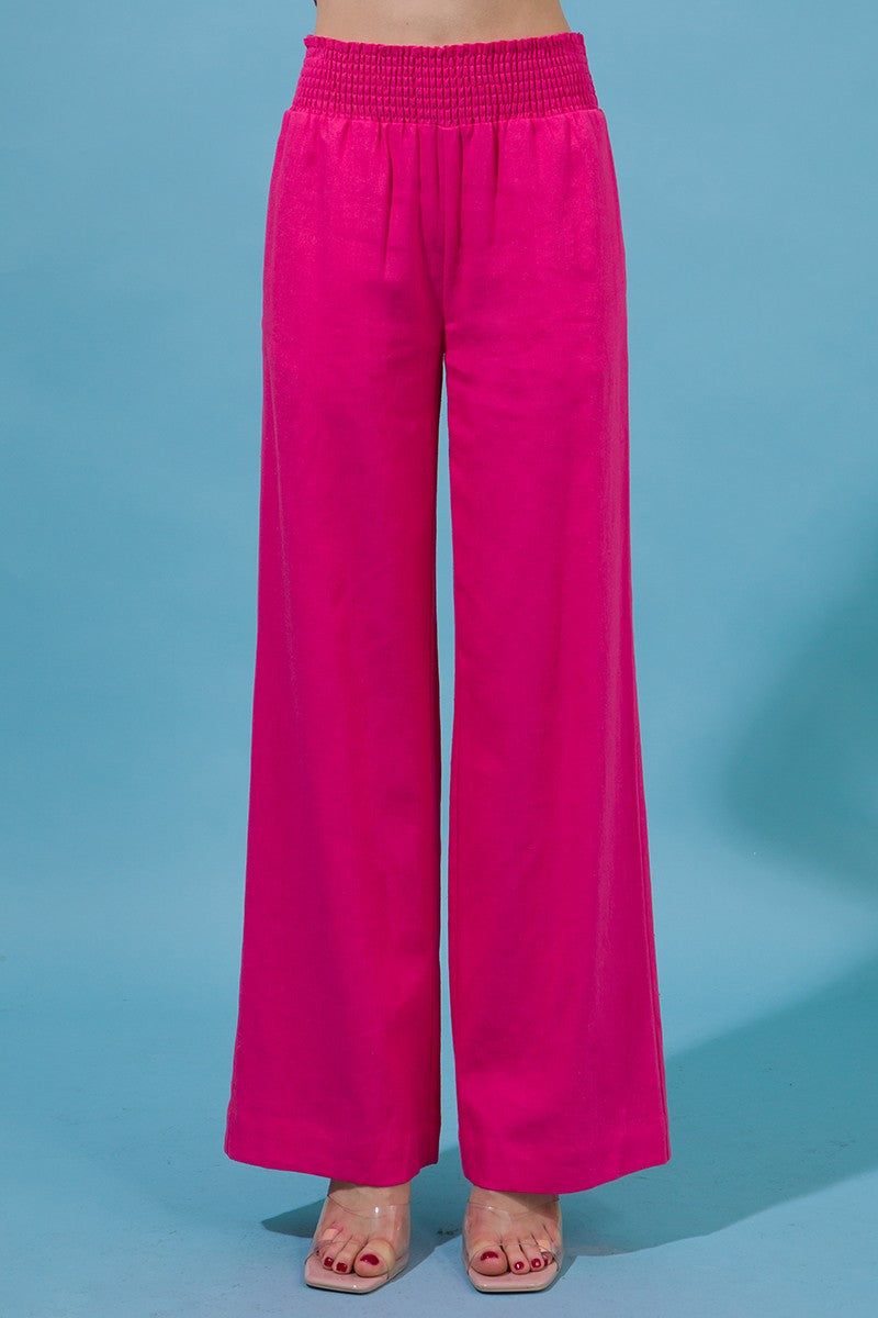 Fuchsia Linen Pants with Smocked Waist
