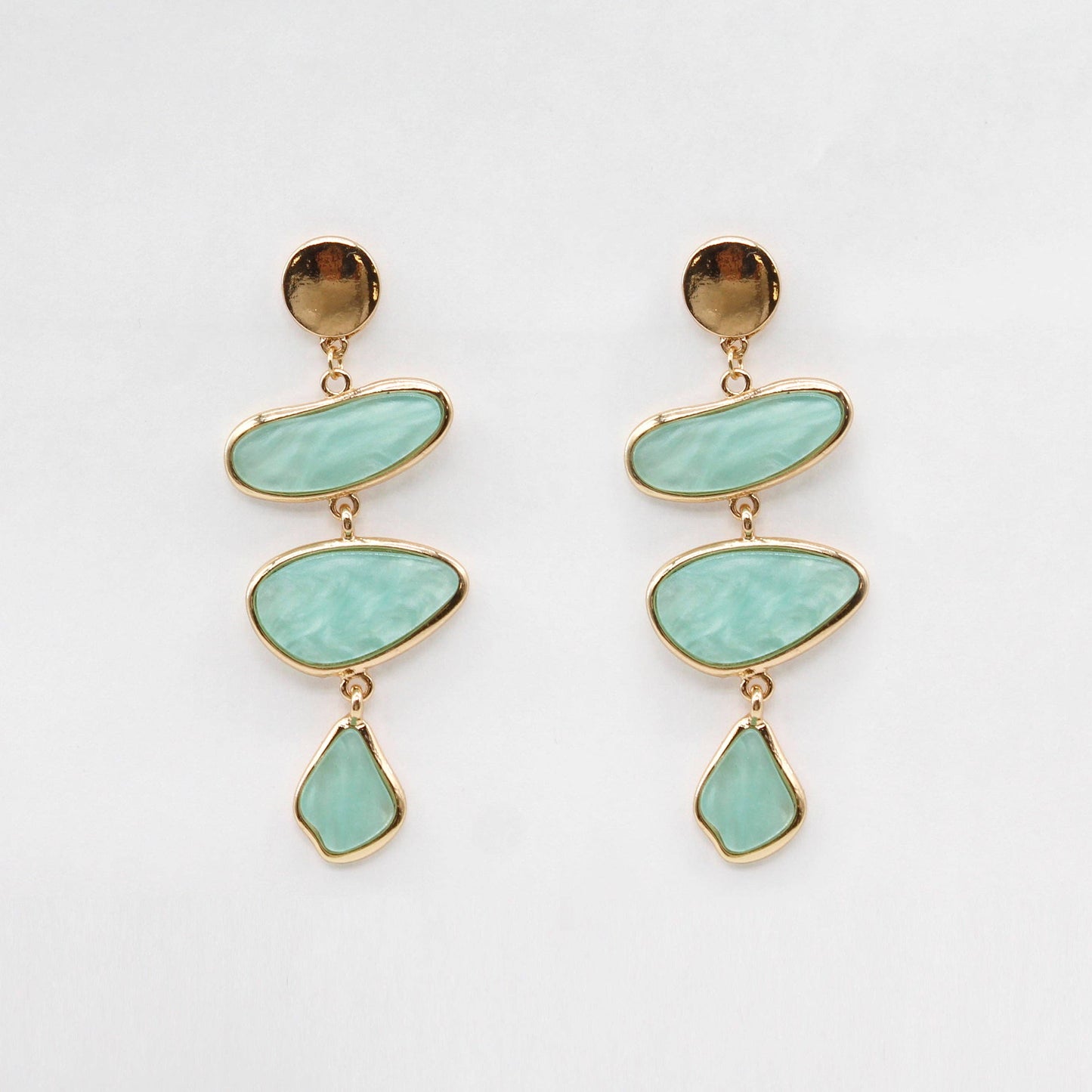 Gold Circle with Mint Pearlized Triple Drop Resin 2.5" Earring