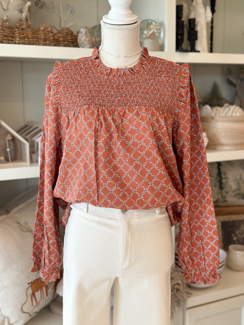 Toffee Print Smocked Yoke Top