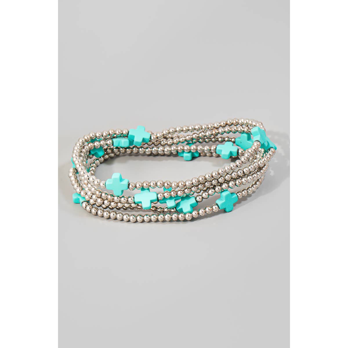 Cross And Metallic Beads Layered Bracelet: WHT
