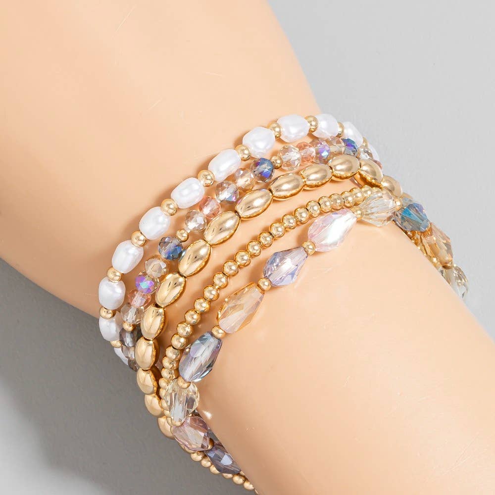 Metallic Pearl And Faceted Beaded Bracelet Set: LMUL