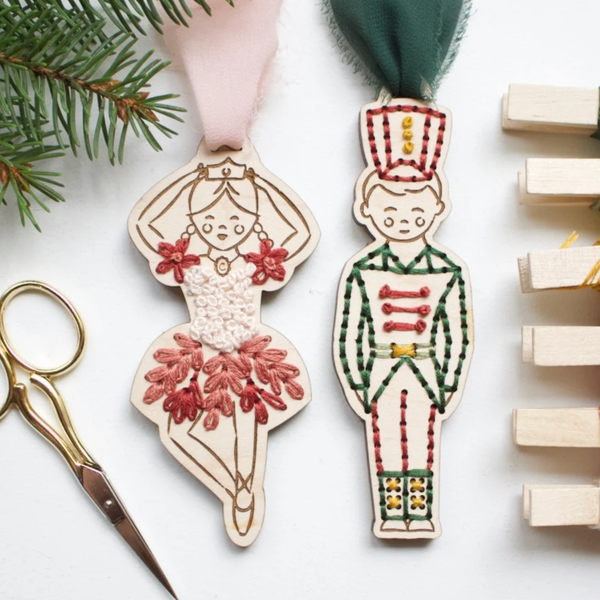Nutcracker Ballerina & Soldier Ornament Embroidery DIY Kit: Boxed