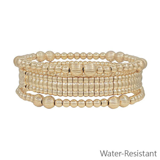 Water Resistant Set of 3 Gold Beaded with Gold Watch Band Style Stretch Bracelet