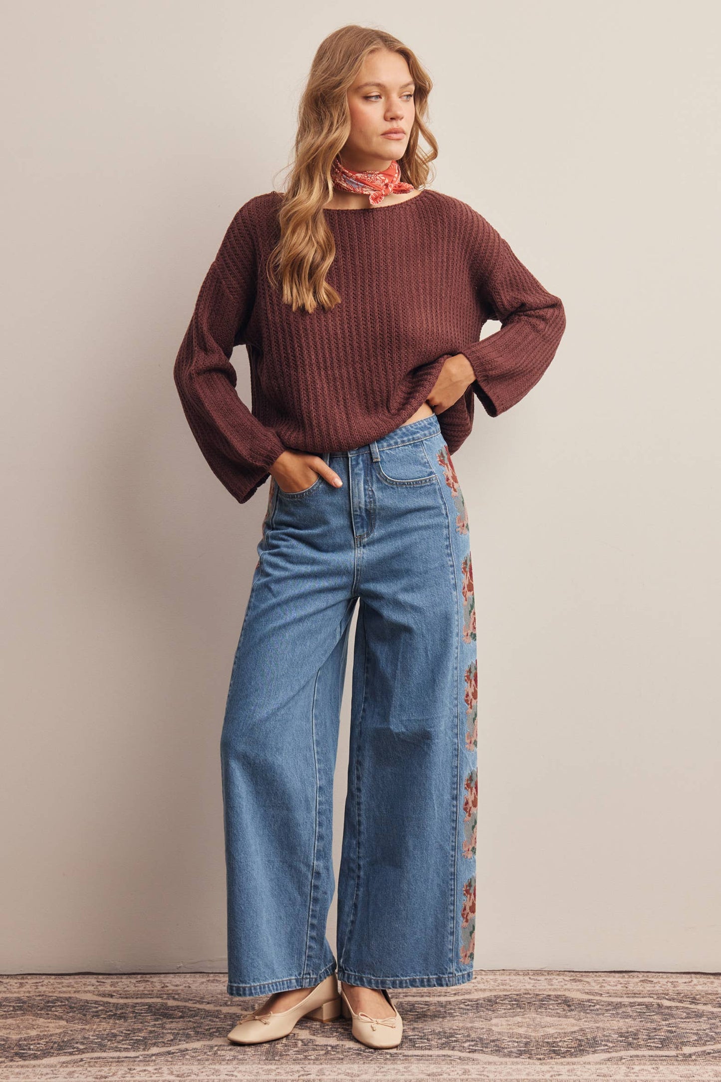 Floral Embroidered Wide Leg Jeans FP0026: Washed Denim, Contemporary, XL