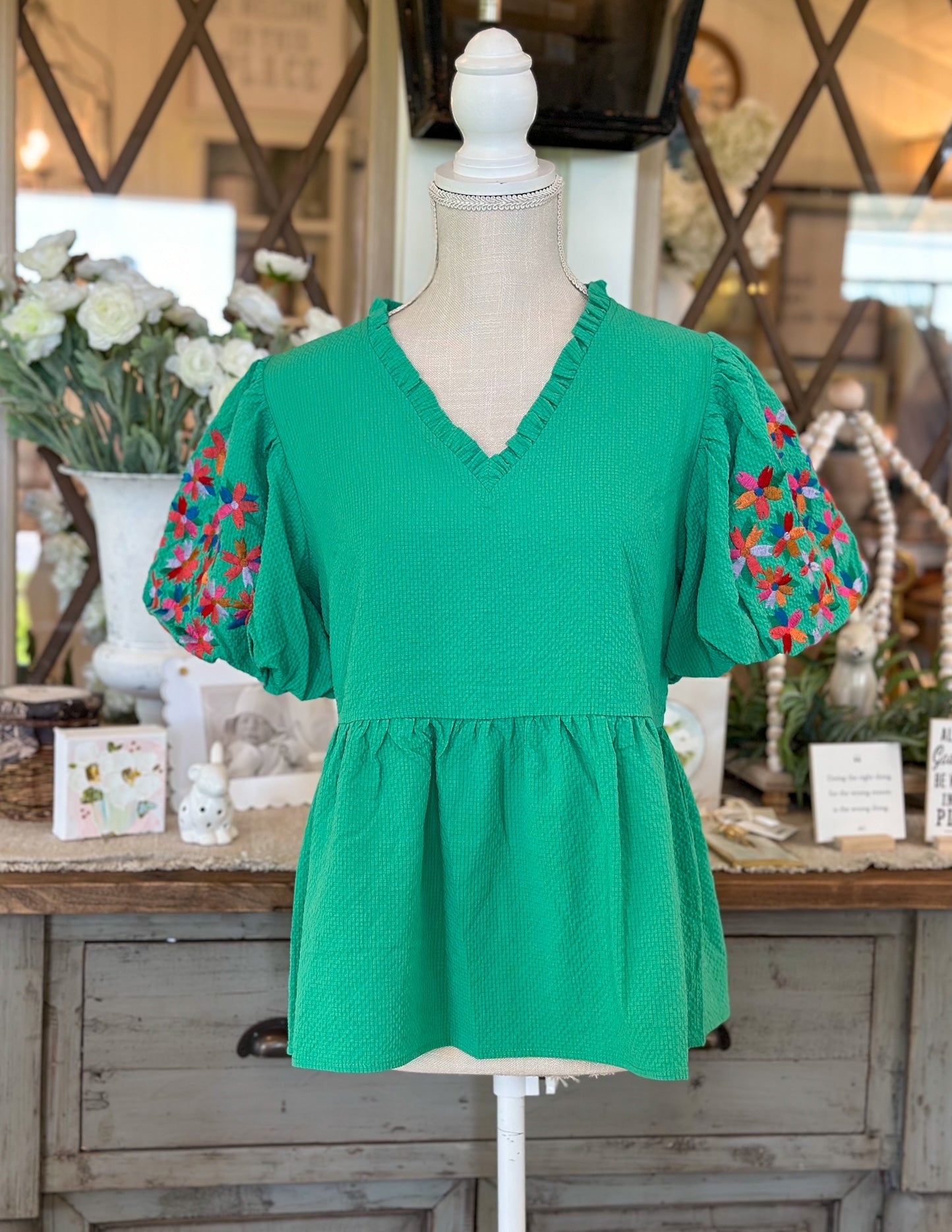 Solid Baby Doll Top with Embroidery