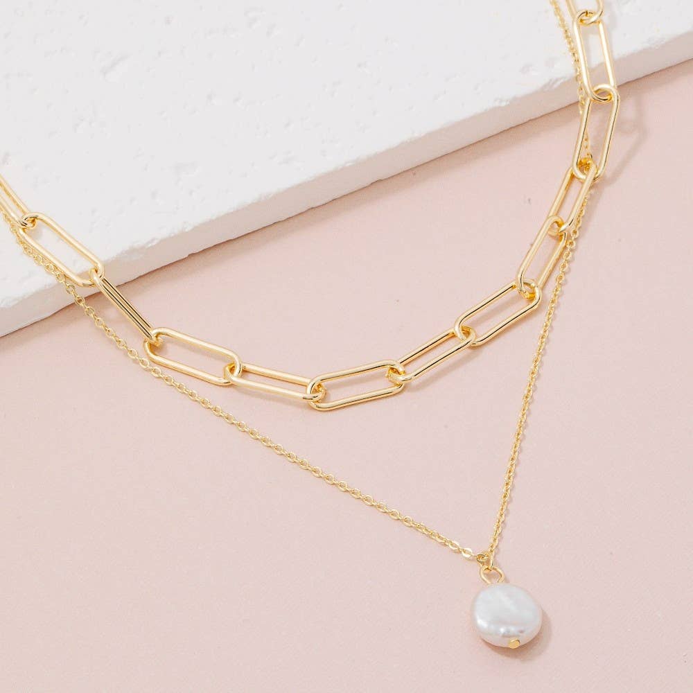 Pearl Coin Pendant Layered Chains Necklace