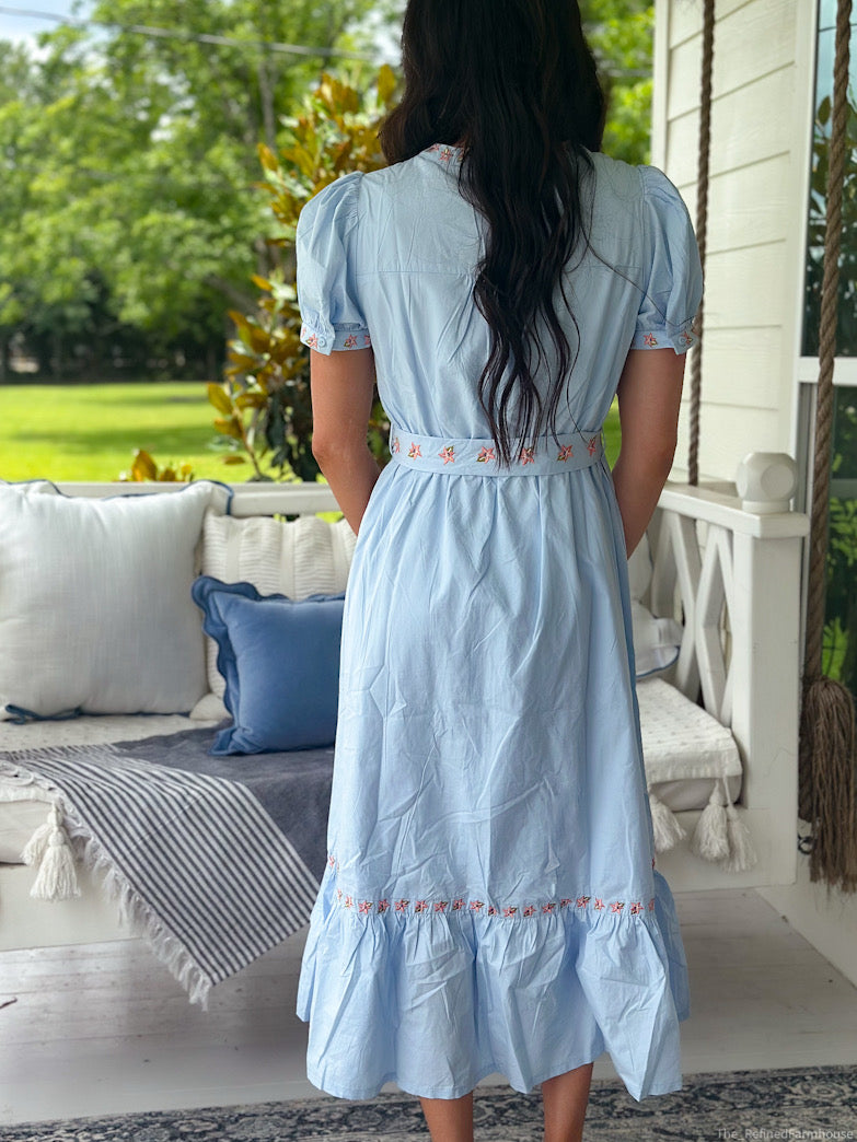 Sky Blue Floral Embroidery Belted Midi Dress