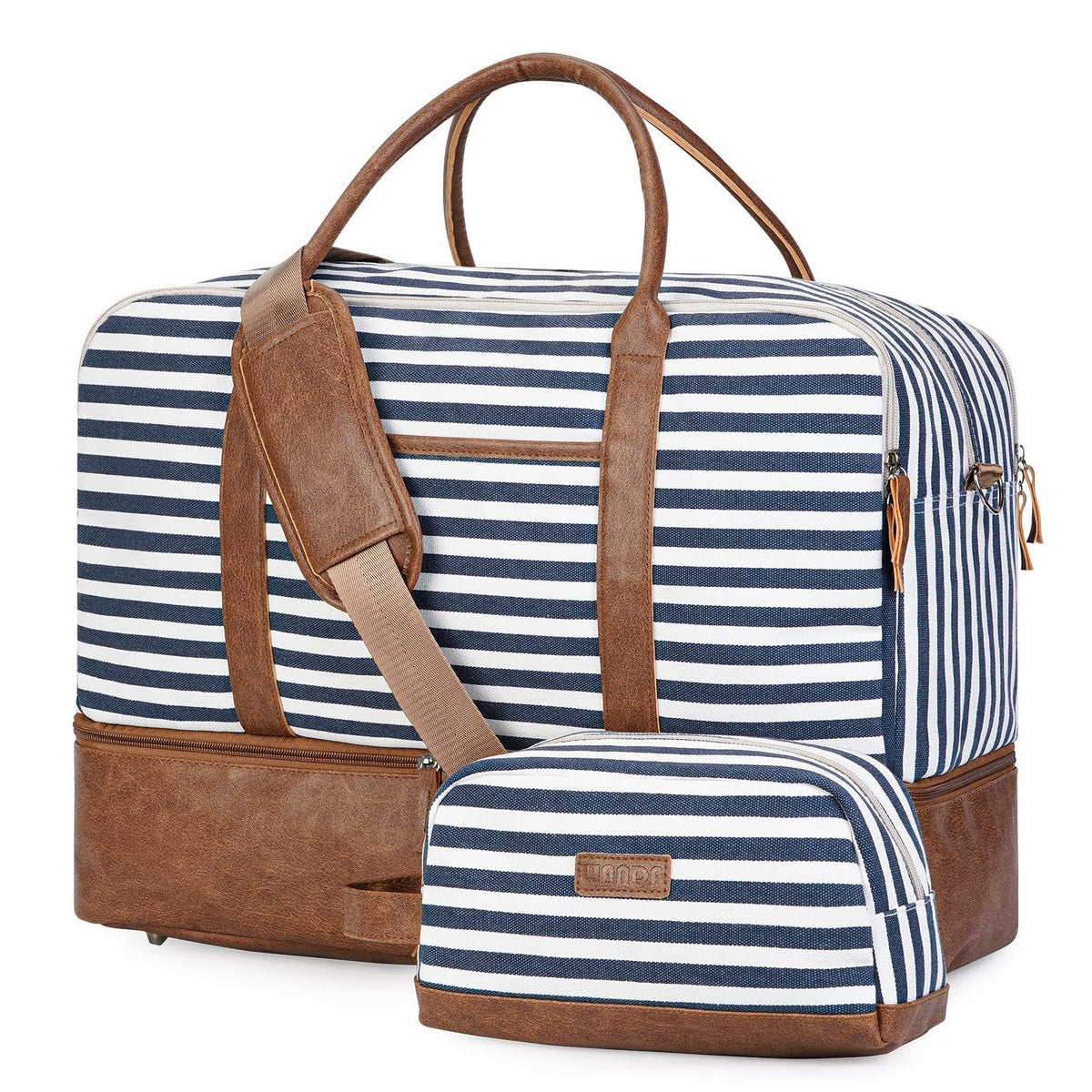 WANDF Large Carry on Canvas Duffel Bag for Travel Business: Blue Strips