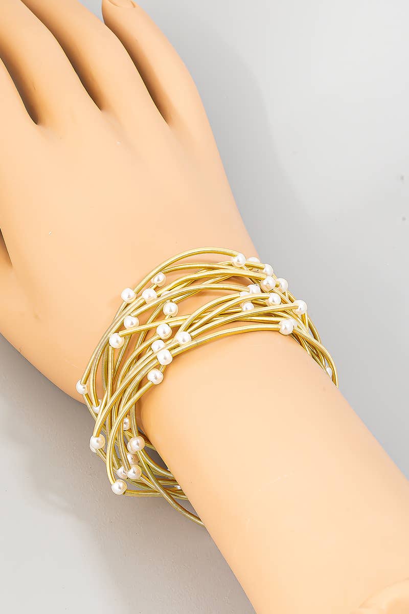 Metallic Coils And Pearl Beaded Bracelet Set: GDCRM