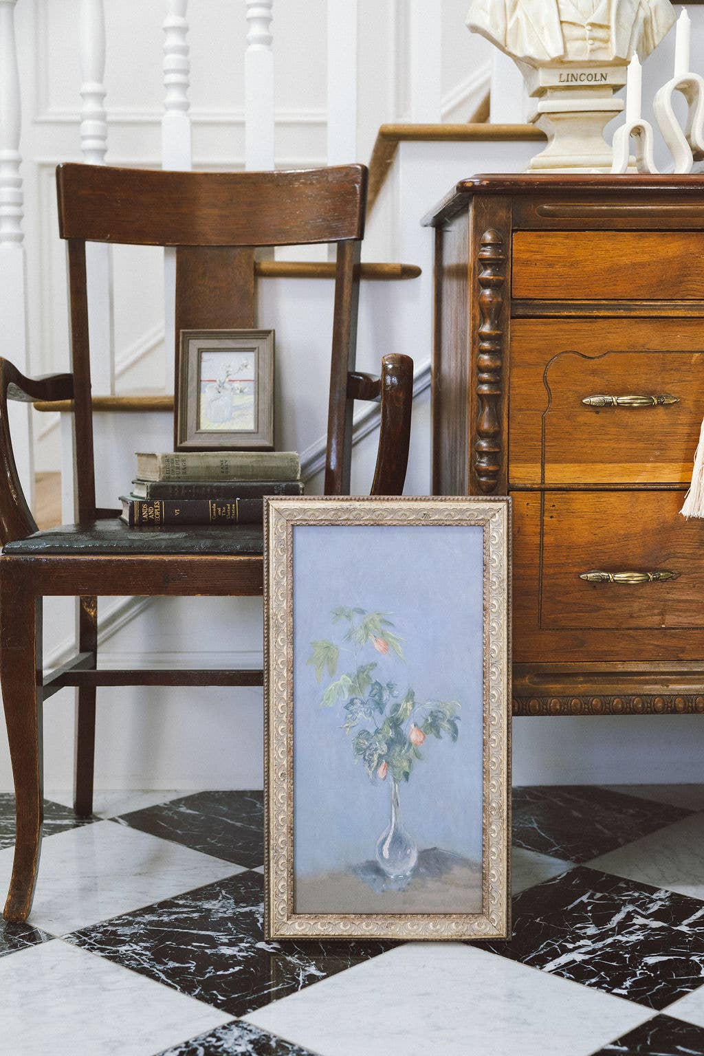 Flowers in a Glass Vase Framed Antique Art: 11x20
