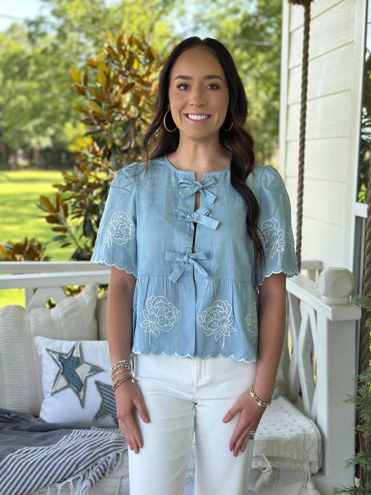 Denim Floral Embroidery Front Bow Tie