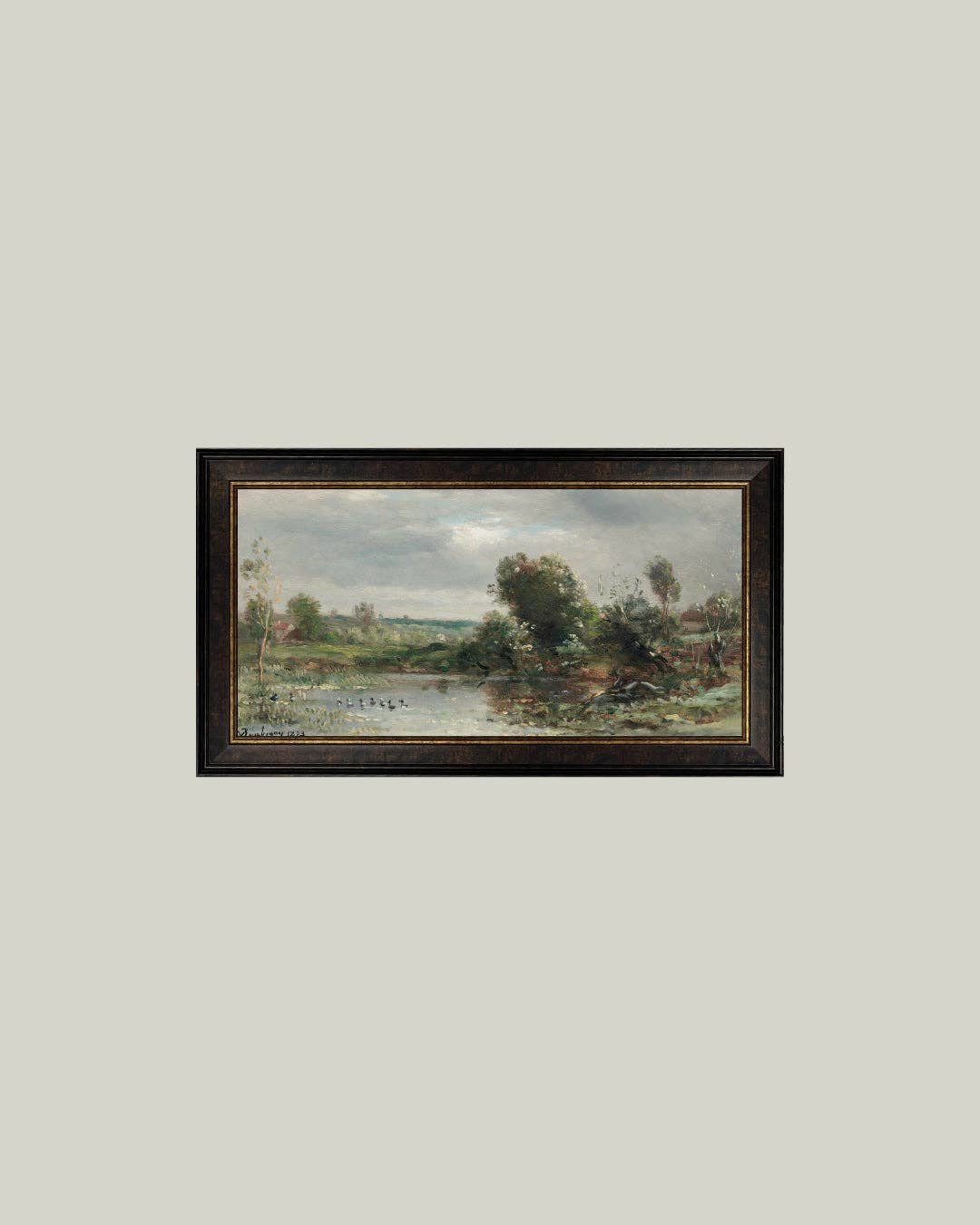 Ducklings on a Lake Framed Antique Art: 32x18