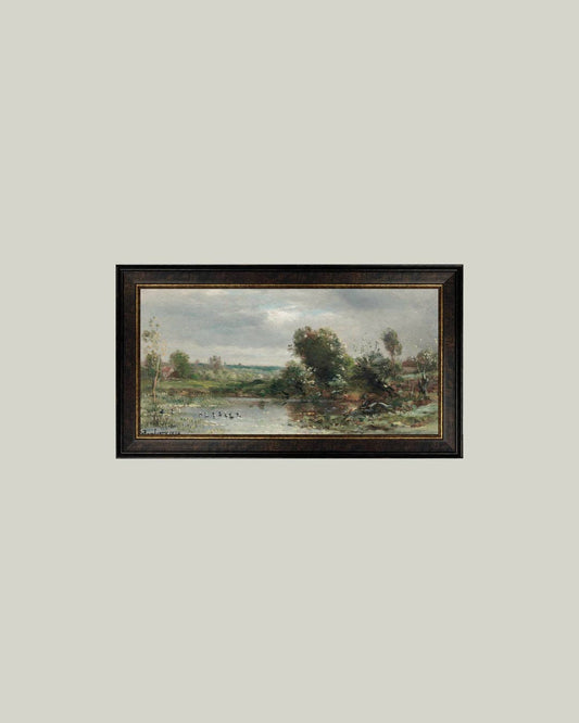 Ducklings on a Lake Framed Antique Art: 32x18