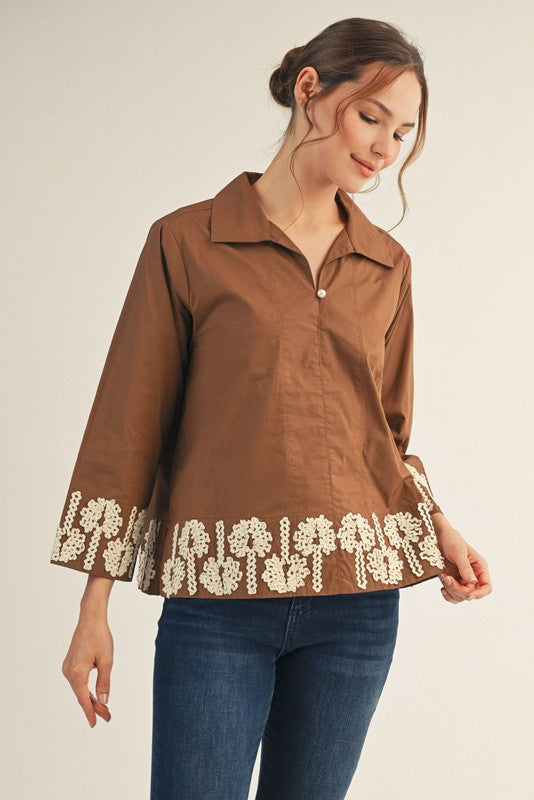 Harvest Bloom Trim Top - Mocha
