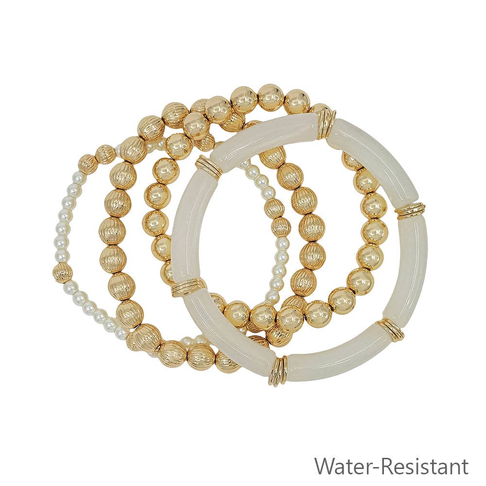 Water Resistant Set of 4 White Resin with Gold and Pearl Beaded Stretch Bracelets