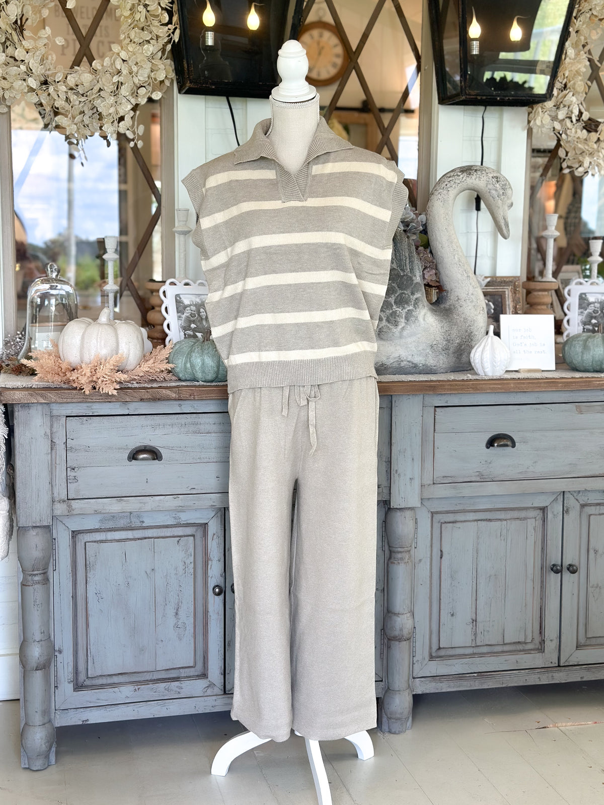 Drop Shoulder Striped Sweater Top - Taupe Grey Sold Separately