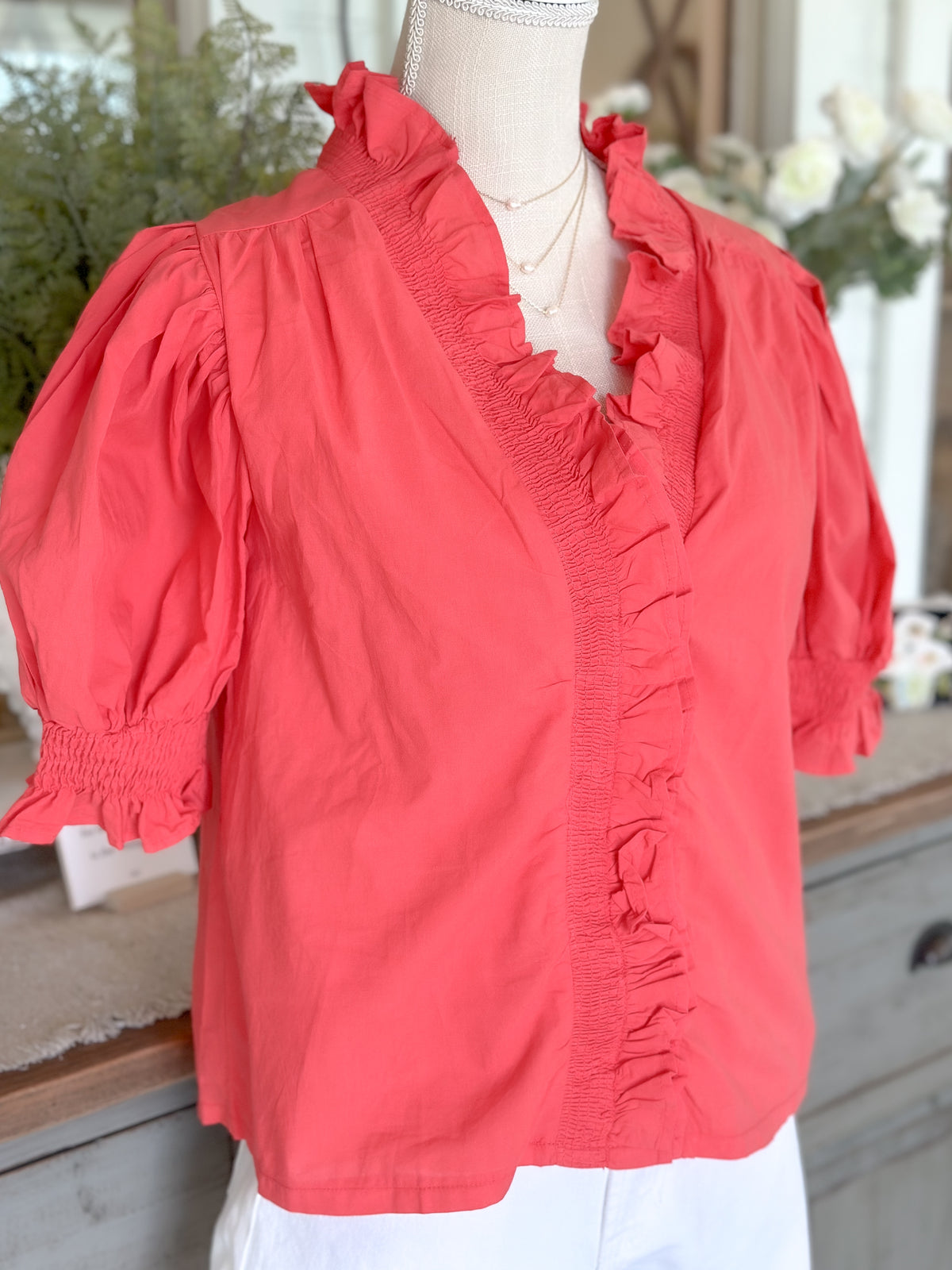 Smocked Ruffle Trim Puff Sleeve Top-Coral Red