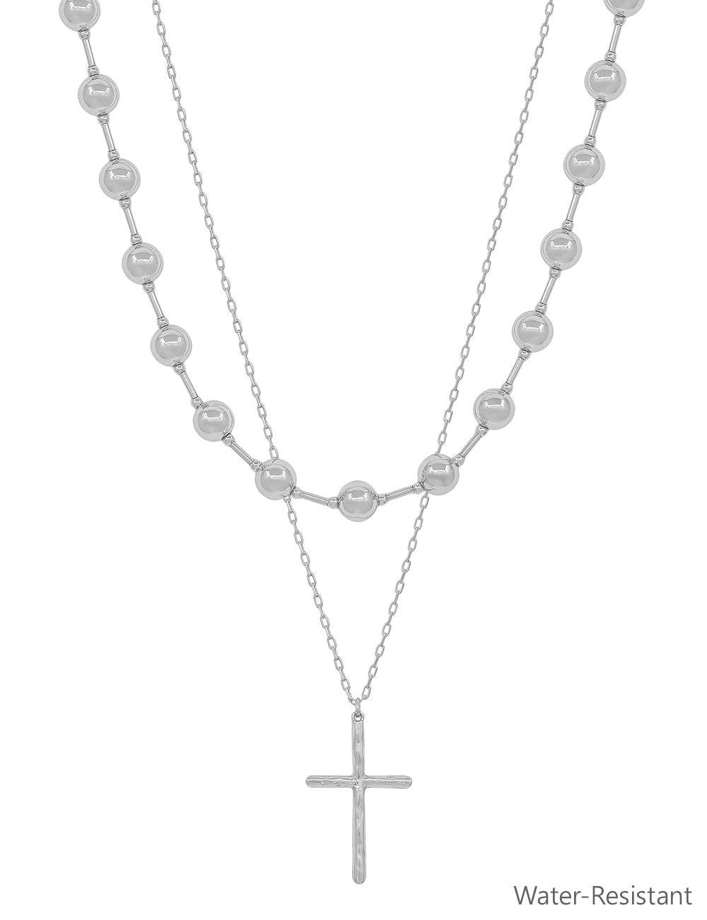 Water Resistant Silver Beaded and Cross Layered 16"-18" Necklace