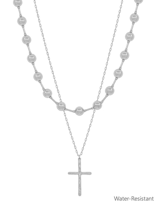 Water Resistant Silver Beaded and Cross Layered 16"-18" Necklace
