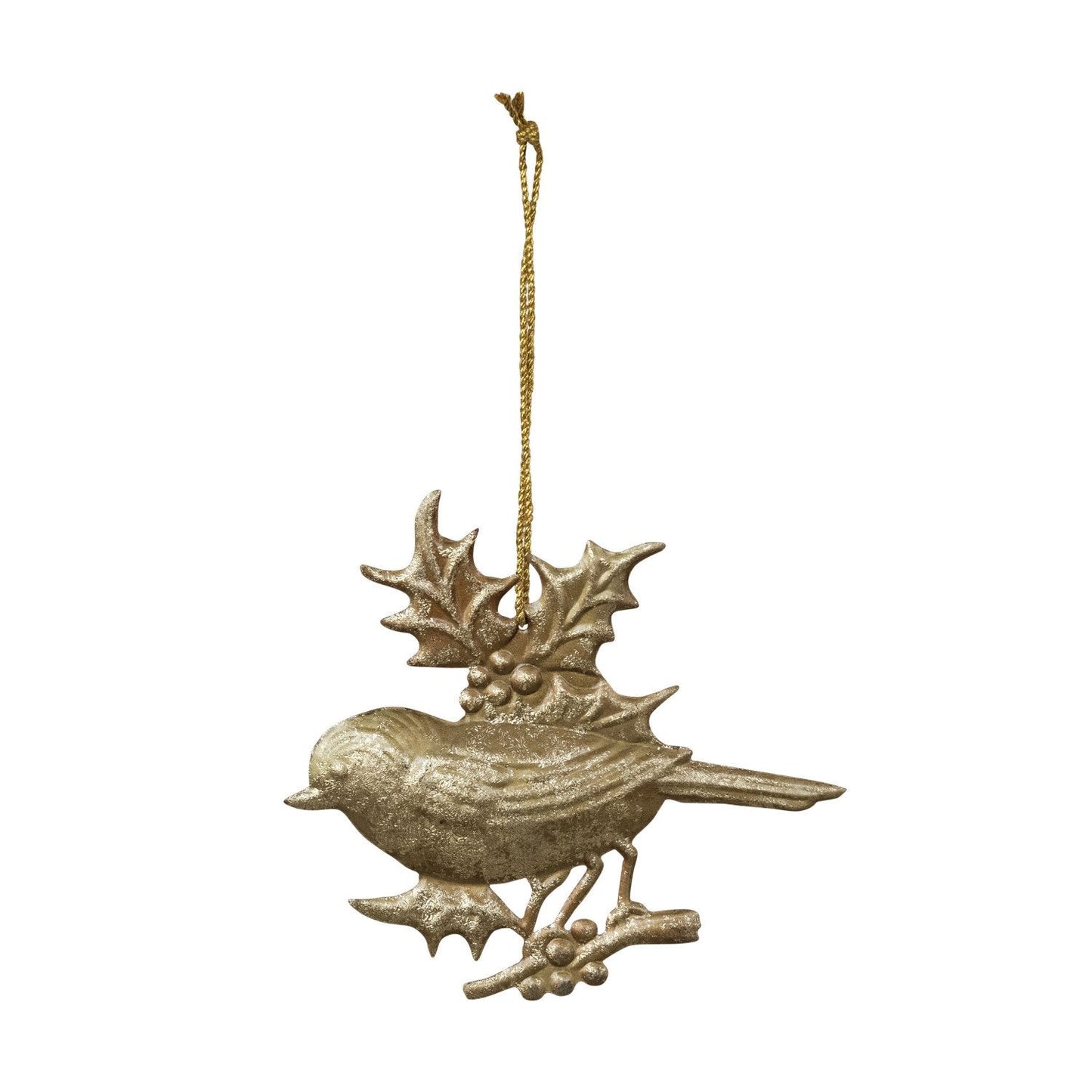 Embossed Metal Bird with Holly Ornament | Gold Foil Finish