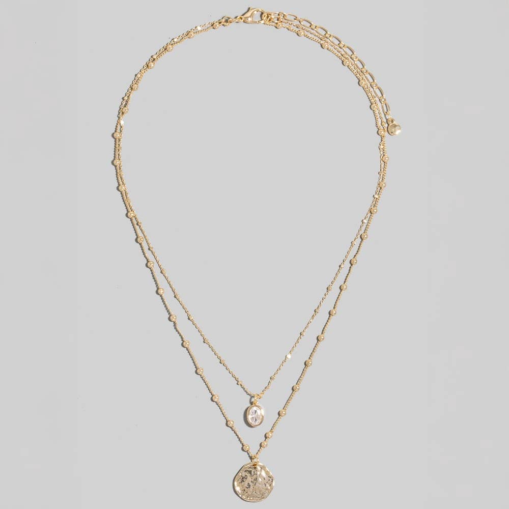Coin And Oval Cz Charm Layered Chain Necklace