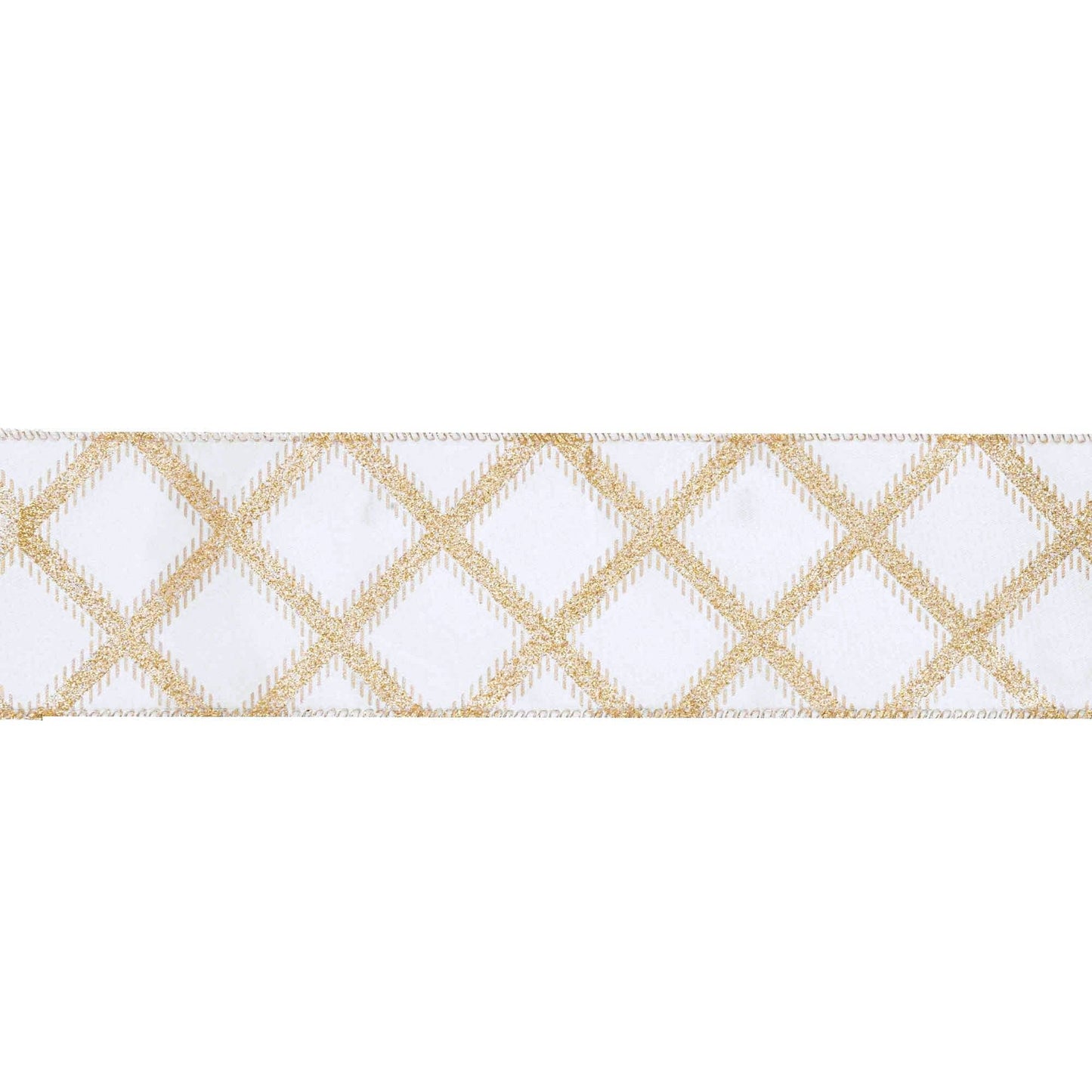 2 1/2" Gold Glitter Diamonds Wired Ribbon on Ivory | 10 Yard Roll