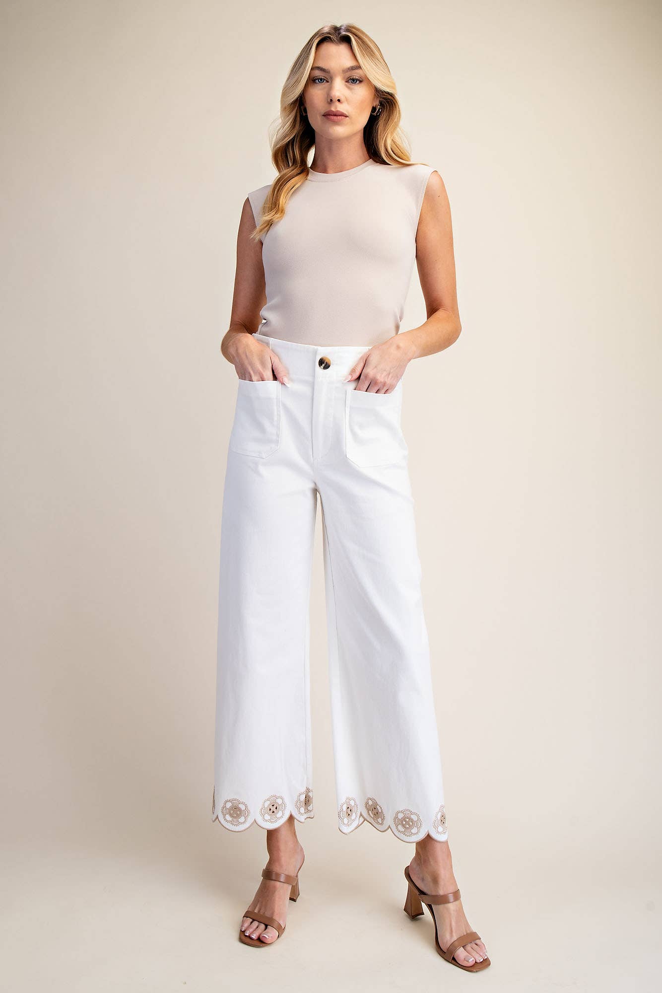 Colette Scallop-Hem Wide-Leg Pants: White