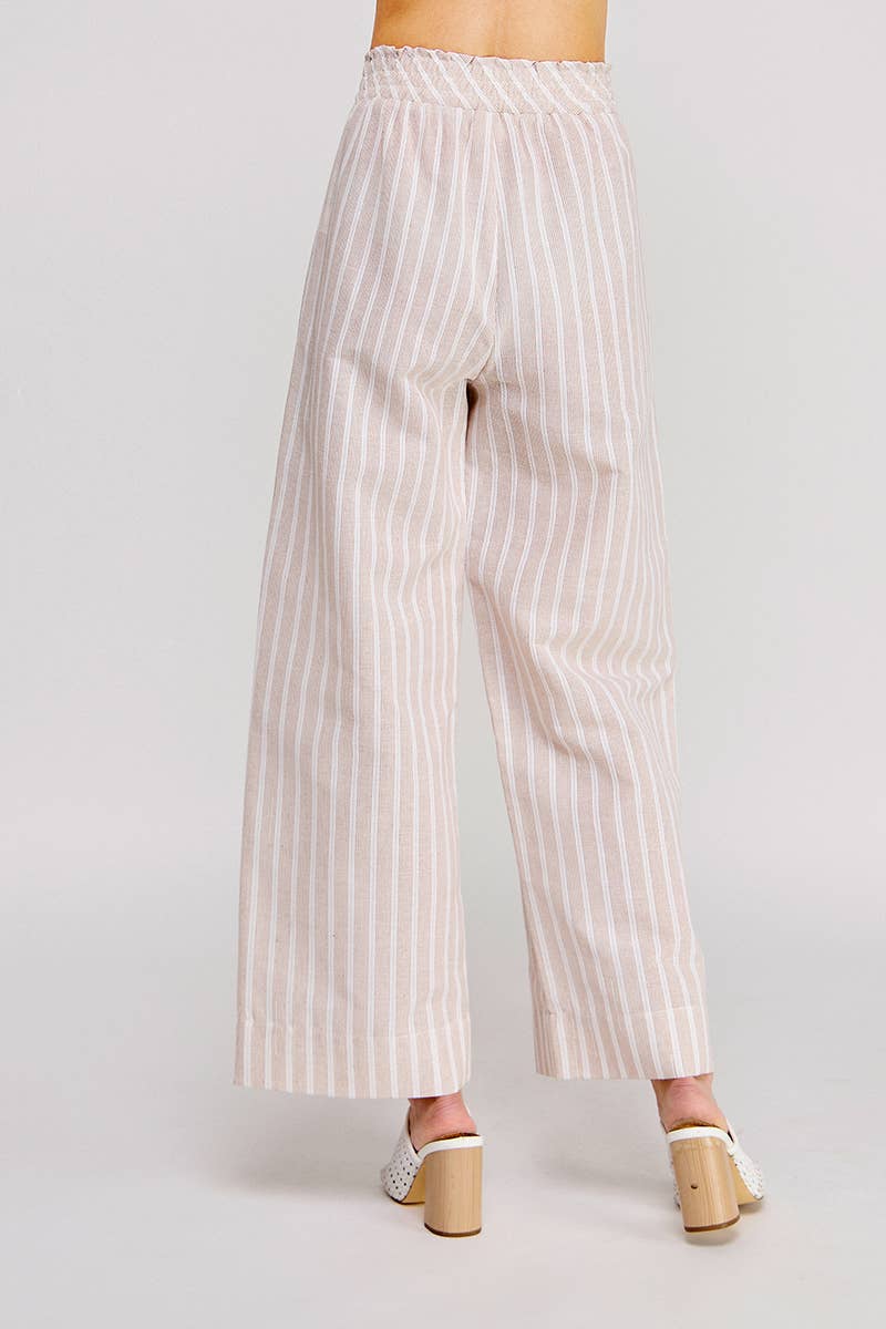 Striped Woven Smock Tie Waist Wide Leg Pants: Sand, M