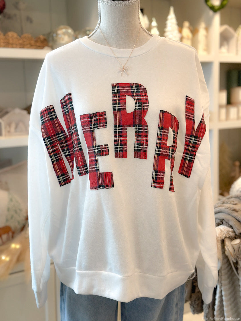 Plaid Merry Lettering Pullover