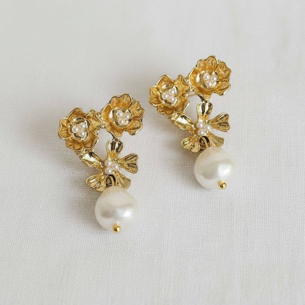Baroque-Inspired Floral Pearl Drop Earrings