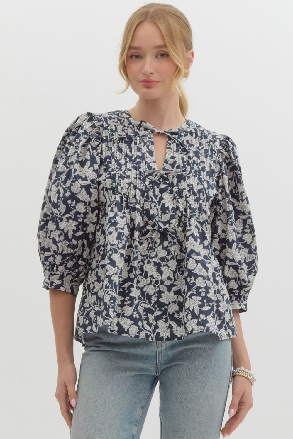 Navy & White Floral Print Top