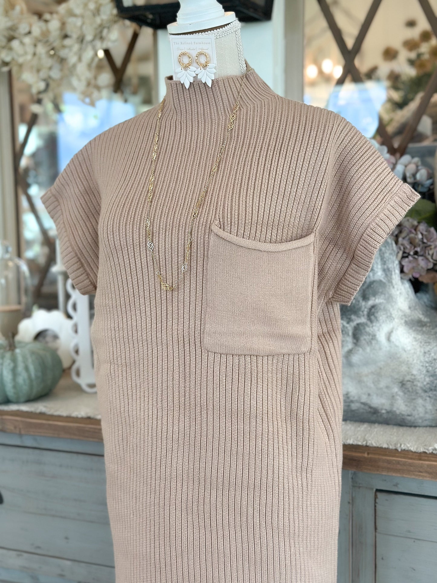 Cream Ribbed Knit Sweater Dress